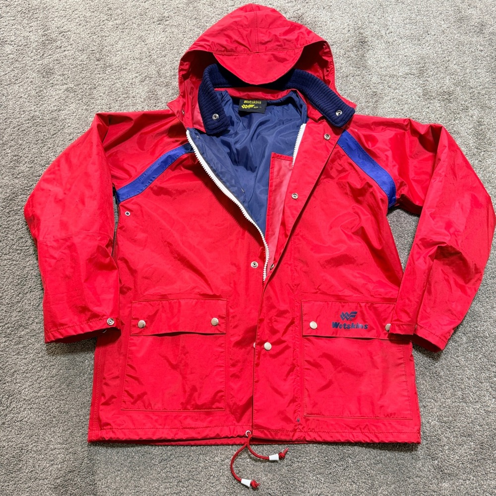 Wetskins Vintage Rain Jacket Mens Small Red Blue Hooded Full Zip Windbreaker‎